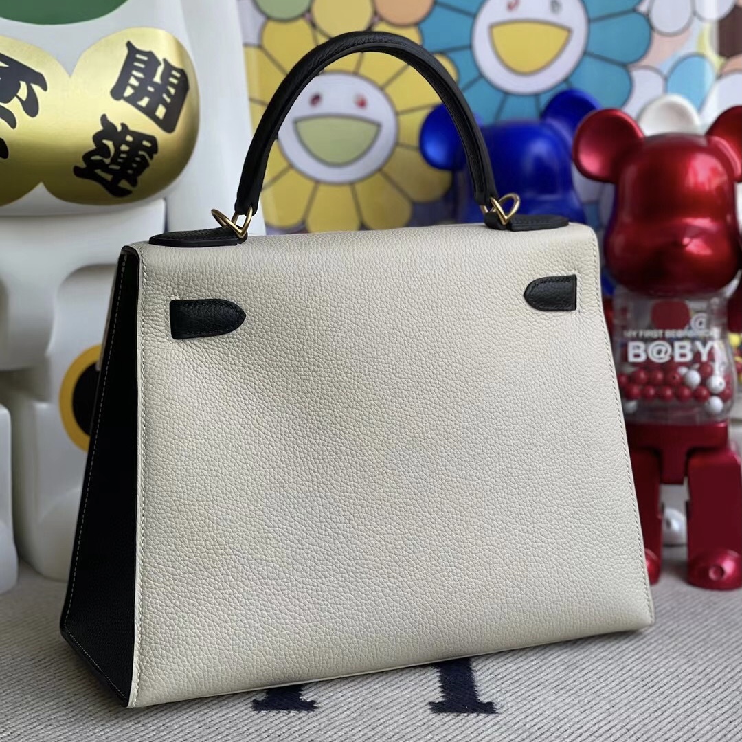 Hermes Kelly 28 Togo 外縫 10 Craie奶昔白 89 Noir 黑色磨砂金扣