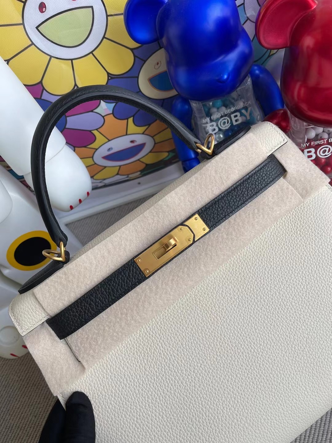 Hermes Kelly 28 Togo 外縫 10 Craie奶昔白 89 Noir 黑色磨砂金扣