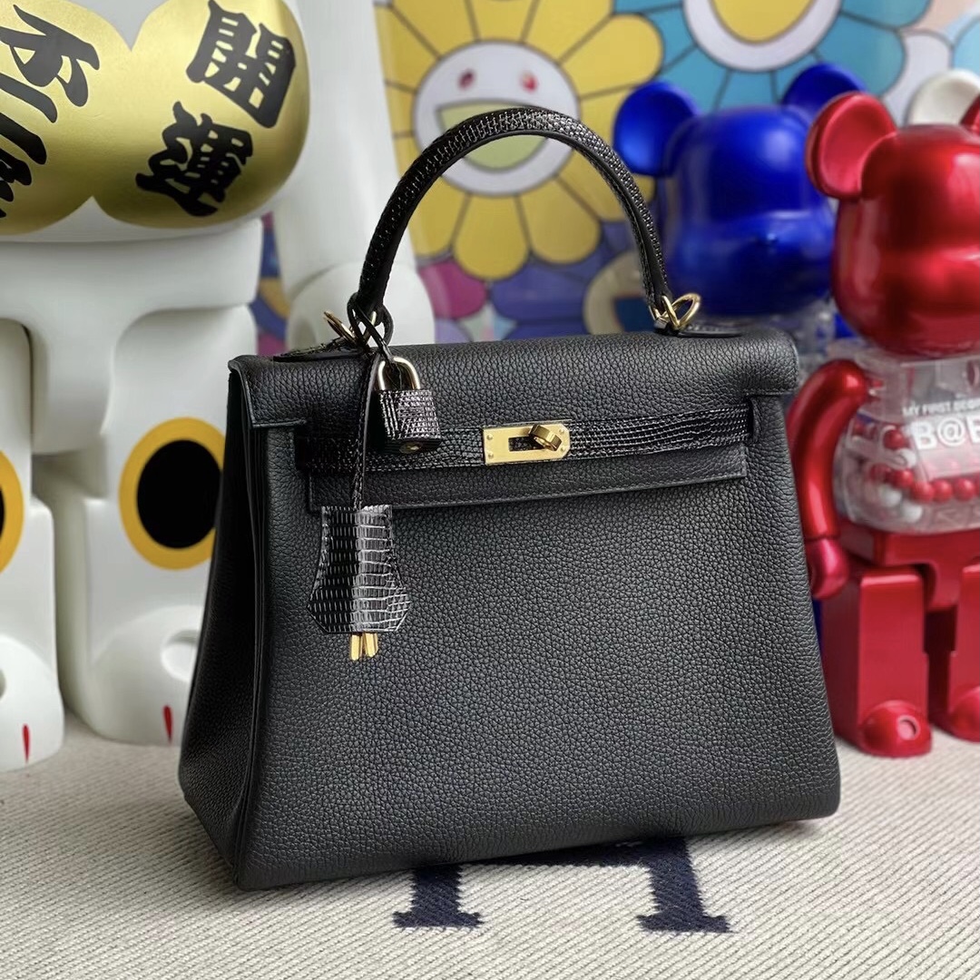 Hermes Kelly 25cm Touch Togo 拼 Lizard 禦用原裝蜥蜴皮 89 Noir 黑色 金扣