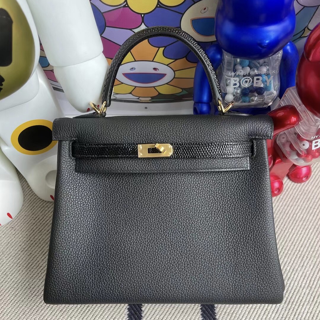 Hermes Kelly 25cm Touch Togo 拼 Lizard 禦用原裝蜥蜴皮 89 Noir 黑色 金扣