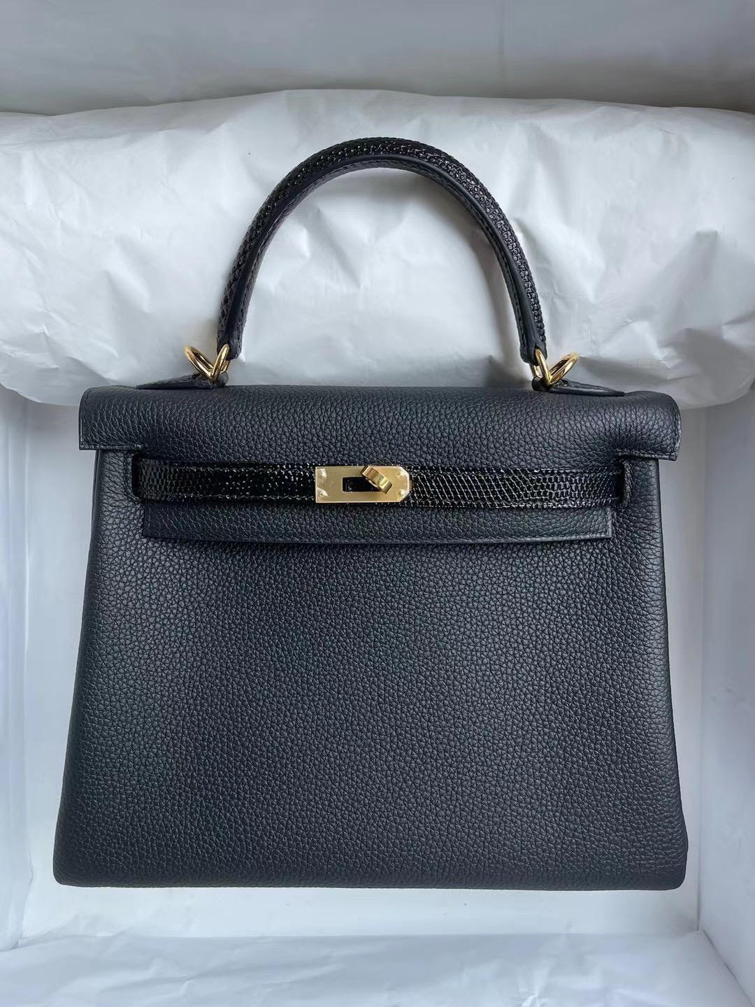 Hermes Kelly 25cm Touch Togo 拼 Lizard 禦用原裝蜥蜴皮 89 Noir 黑色 金扣