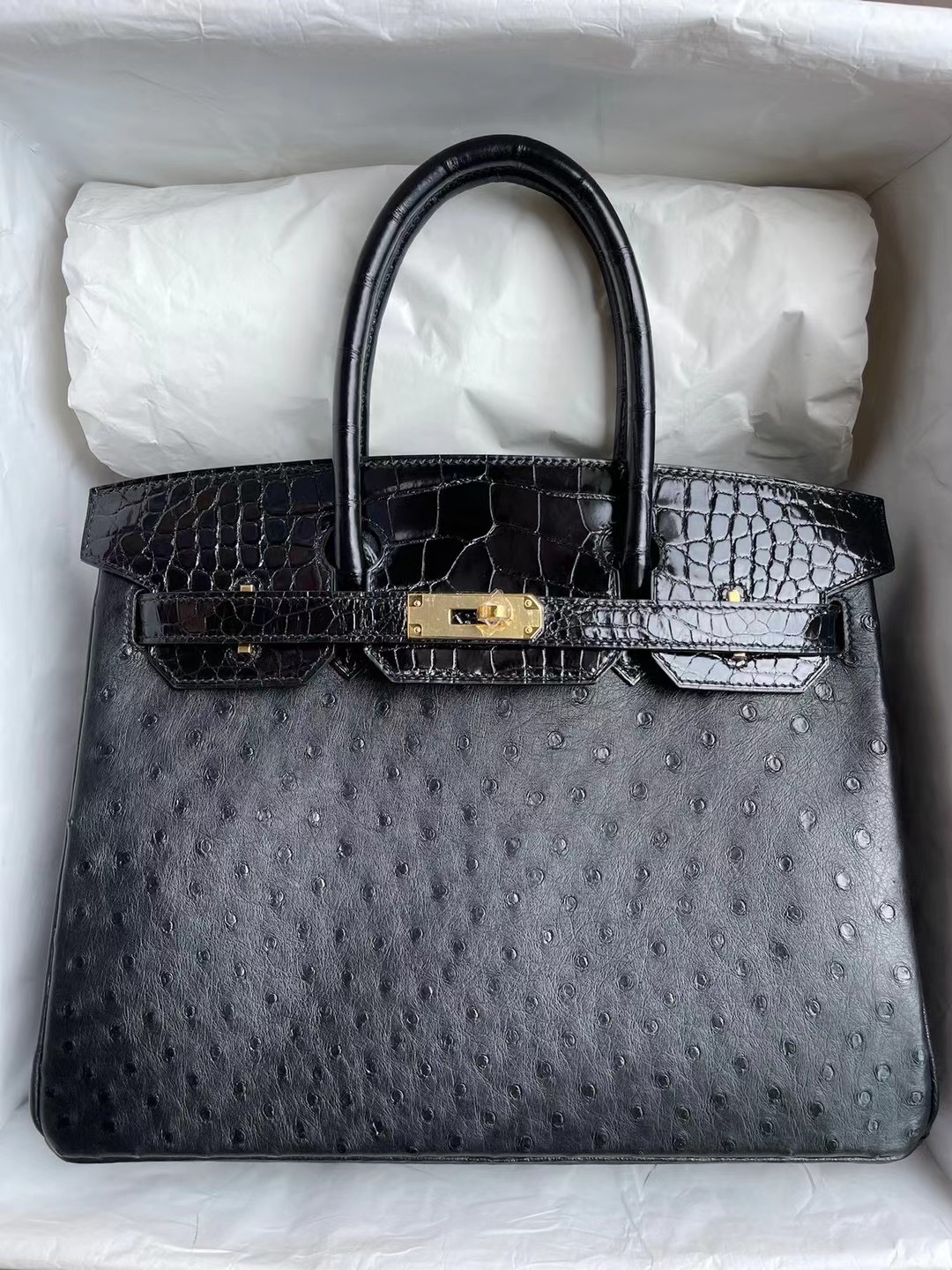 Hermes Birkin 30cm 89 Noir 黑色 Touch Ostrich 拼 亮面方塊 美洲鱷魚金扣