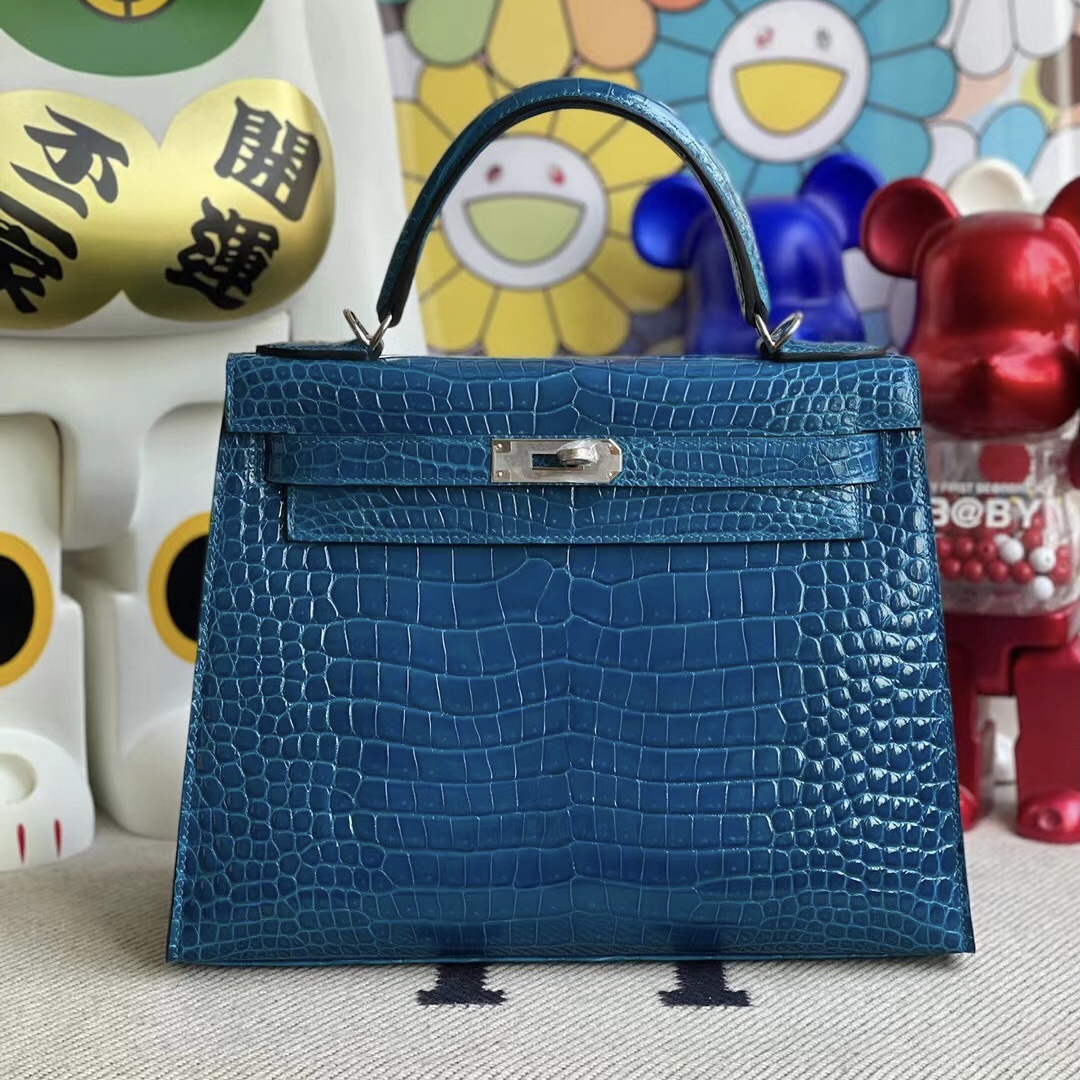 Hermes Kelly 28 亮面倒V 澳洲灣鱷 7W 伊茲密爾藍 Blue Izmir 銀扣