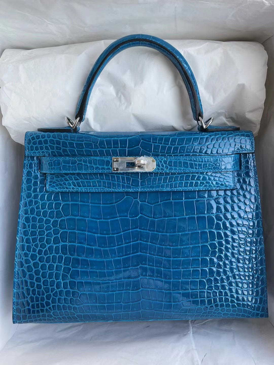 Hermes Kelly 28 亮面倒V 澳洲灣鱷 7W 伊茲密爾藍 Blue Izmir 銀扣