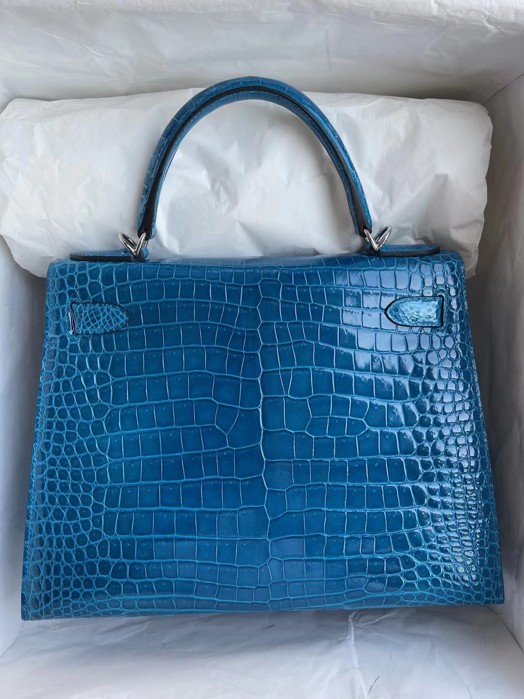 Hermes Kelly 28 亮面倒V 澳洲灣鱷 7W 伊茲密爾藍 Blue Izmir 銀扣