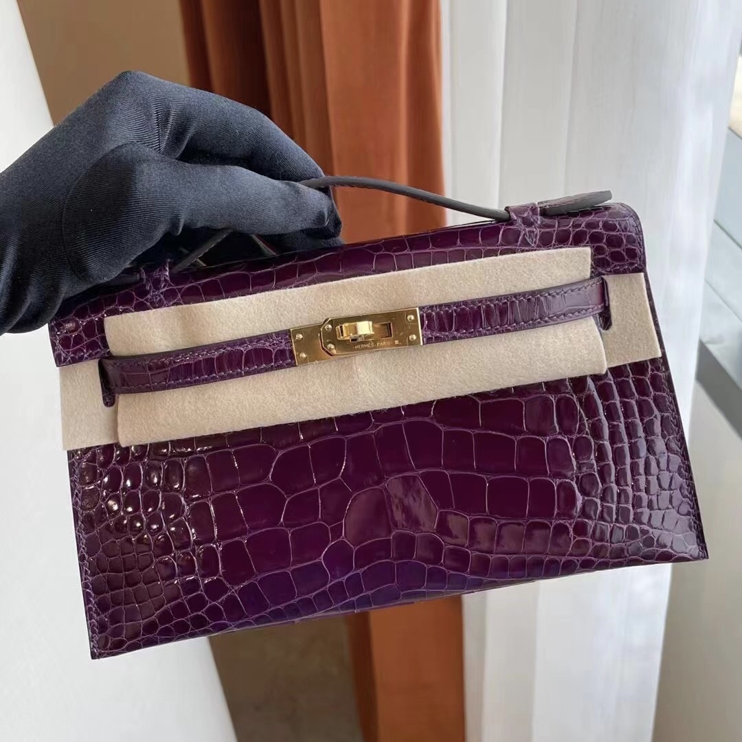 Hermes MiniKelly Pochette N5 Cassis 加侖紫 亮面美洲鱷魚 金扣