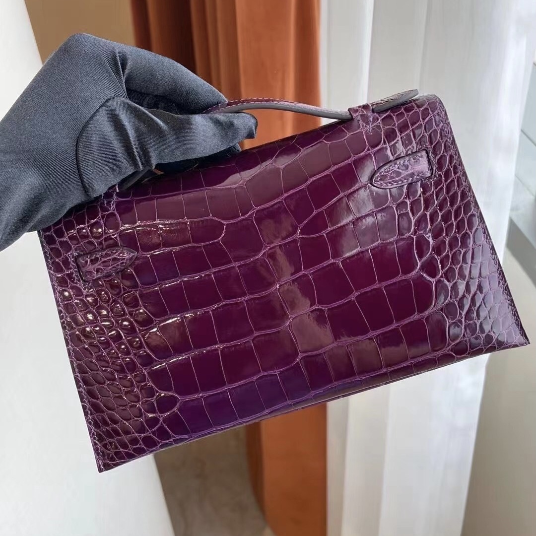 Hermes MiniKelly Pochette N5 Cassis 加侖紫 亮面美洲鱷魚 金扣