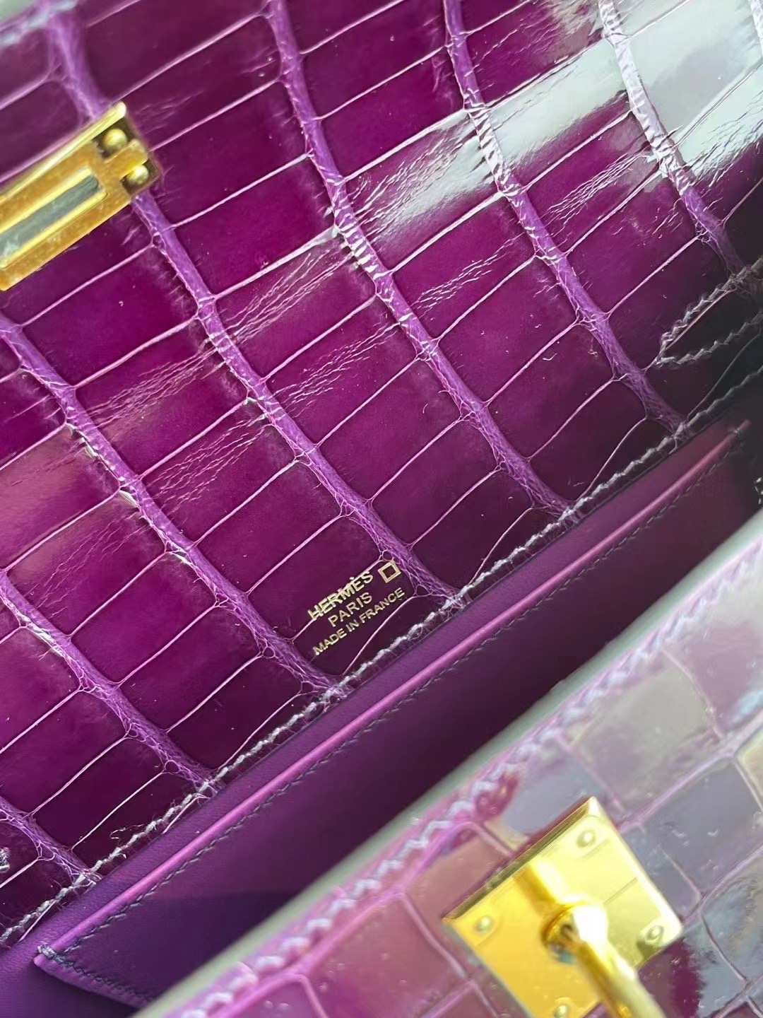 Hermes MiniKelly Pochette N5 Cassis 加侖紫 亮面美洲鱷魚 金扣