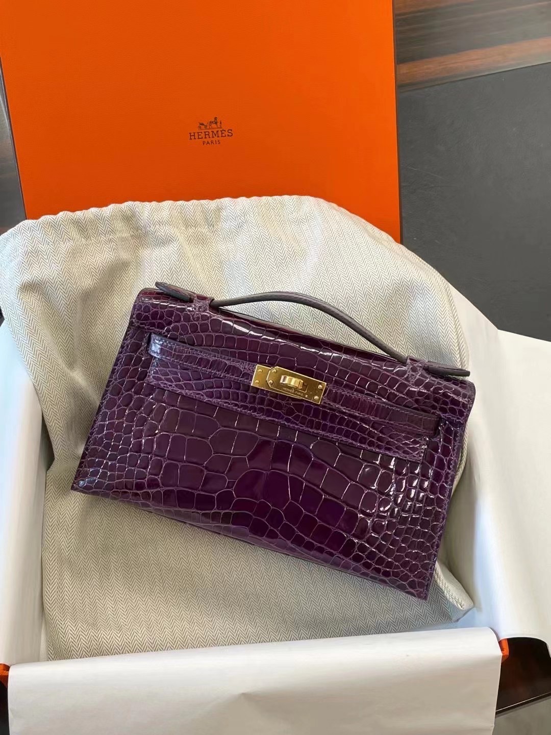 Hermes MiniKelly Pochette N5 Cassis 加侖紫 亮面美洲鱷魚 金扣