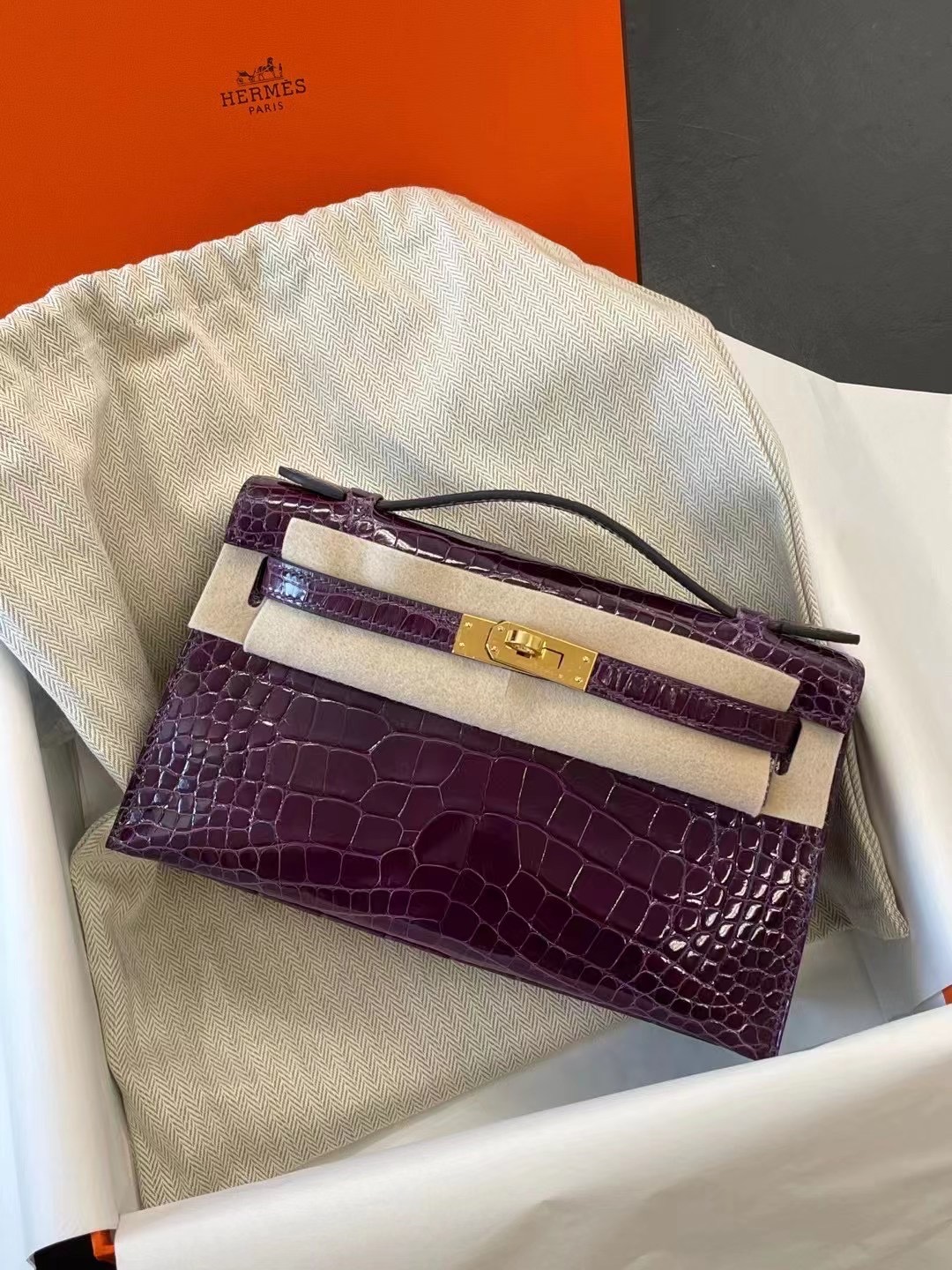 Hermes MiniKelly Pochette N5 Cassis 加侖紫 亮面美洲鱷魚 金扣