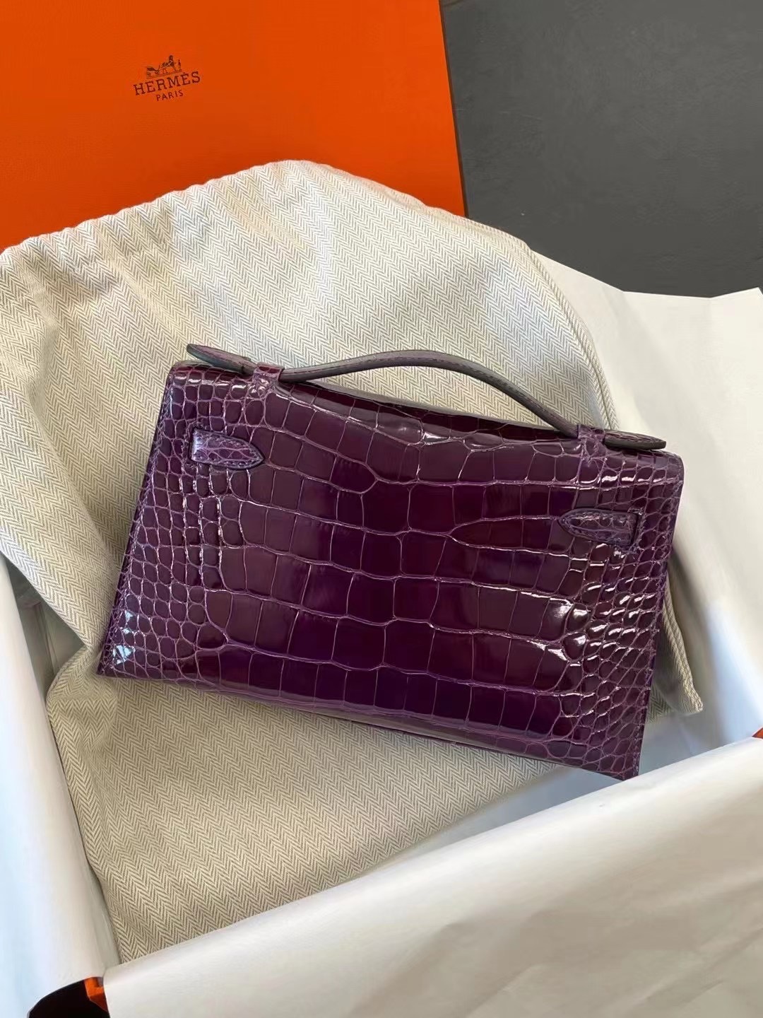 Hermes MiniKelly Pochette N5 Cassis 加侖紫 亮面美洲鱷魚 金扣