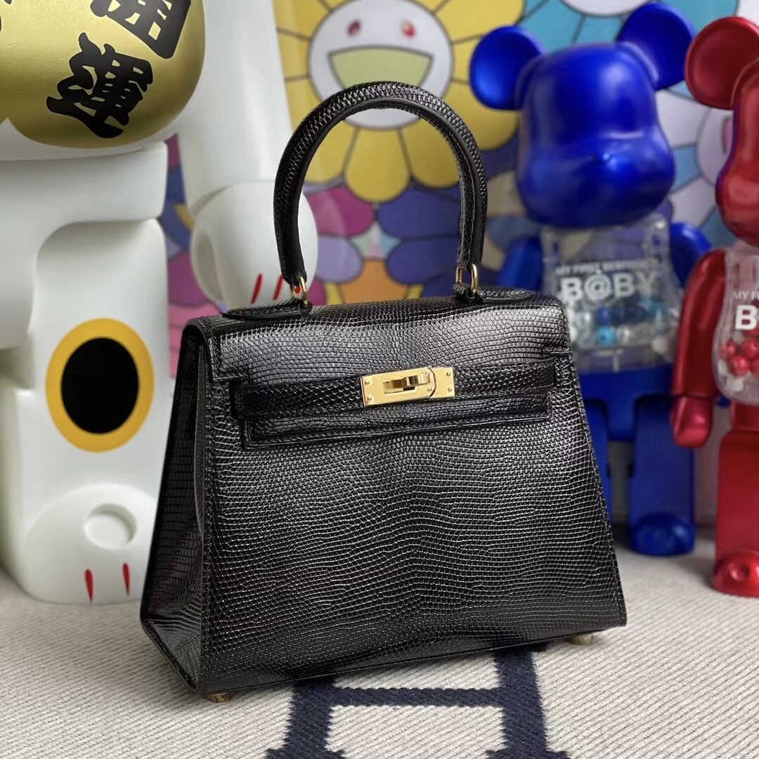 愛馬仕大耳朵包包 Hermes Kelly 20cm Lizard 進口蜥蜴皮 89 Noir 黑色 金扣