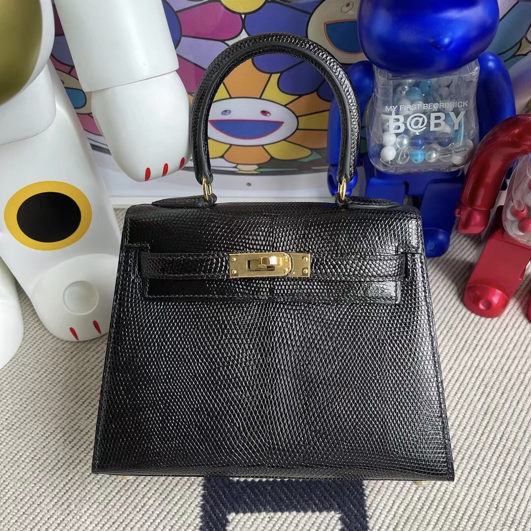 愛馬仕大耳朵包包 Hermes Kelly 20cm Lizard 進口蜥蜴皮 89 Noir 黑色 金扣