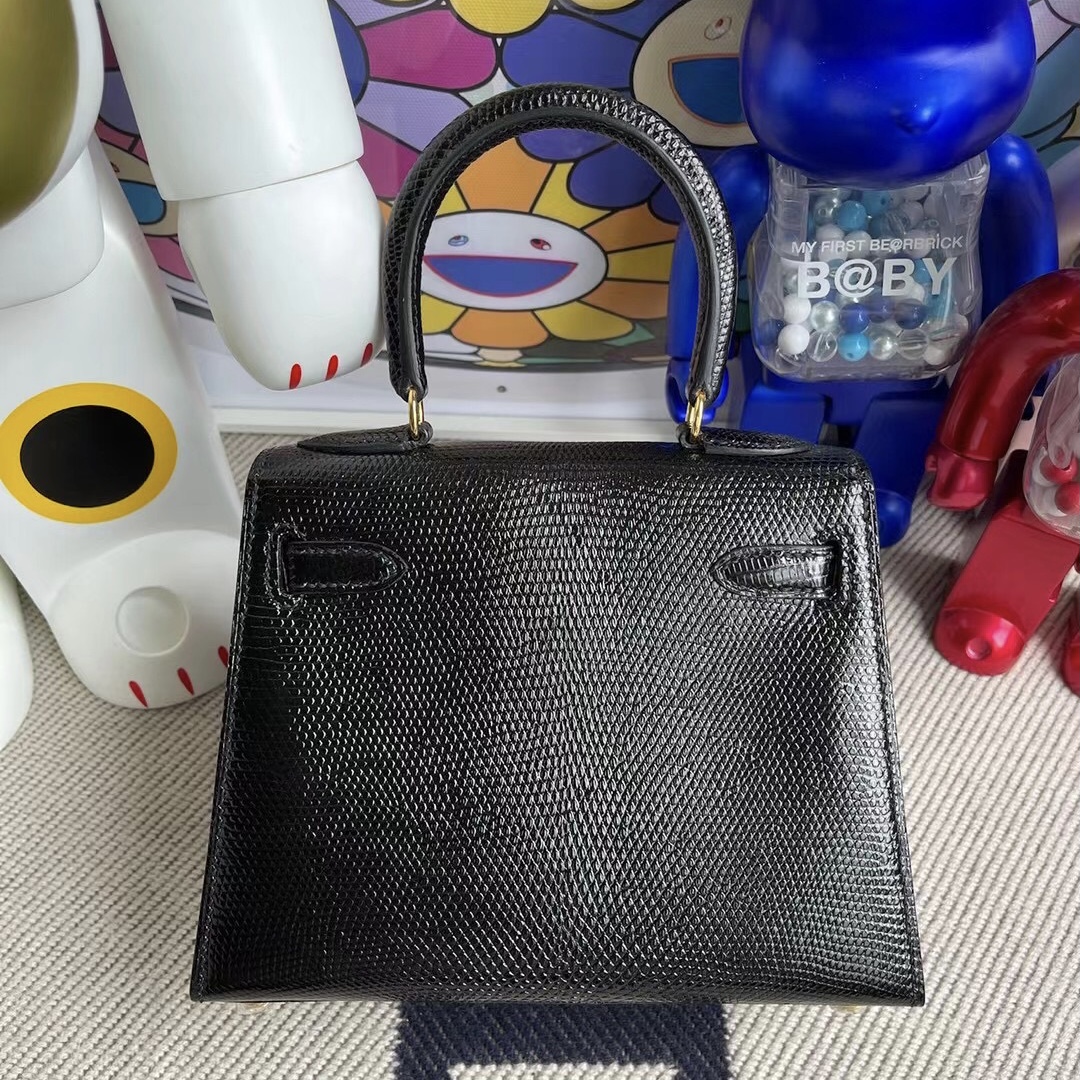 愛馬仕大耳朵包包 Hermes Kelly 20cm Lizard 進口蜥蜴皮 89 Noir 黑色 金扣