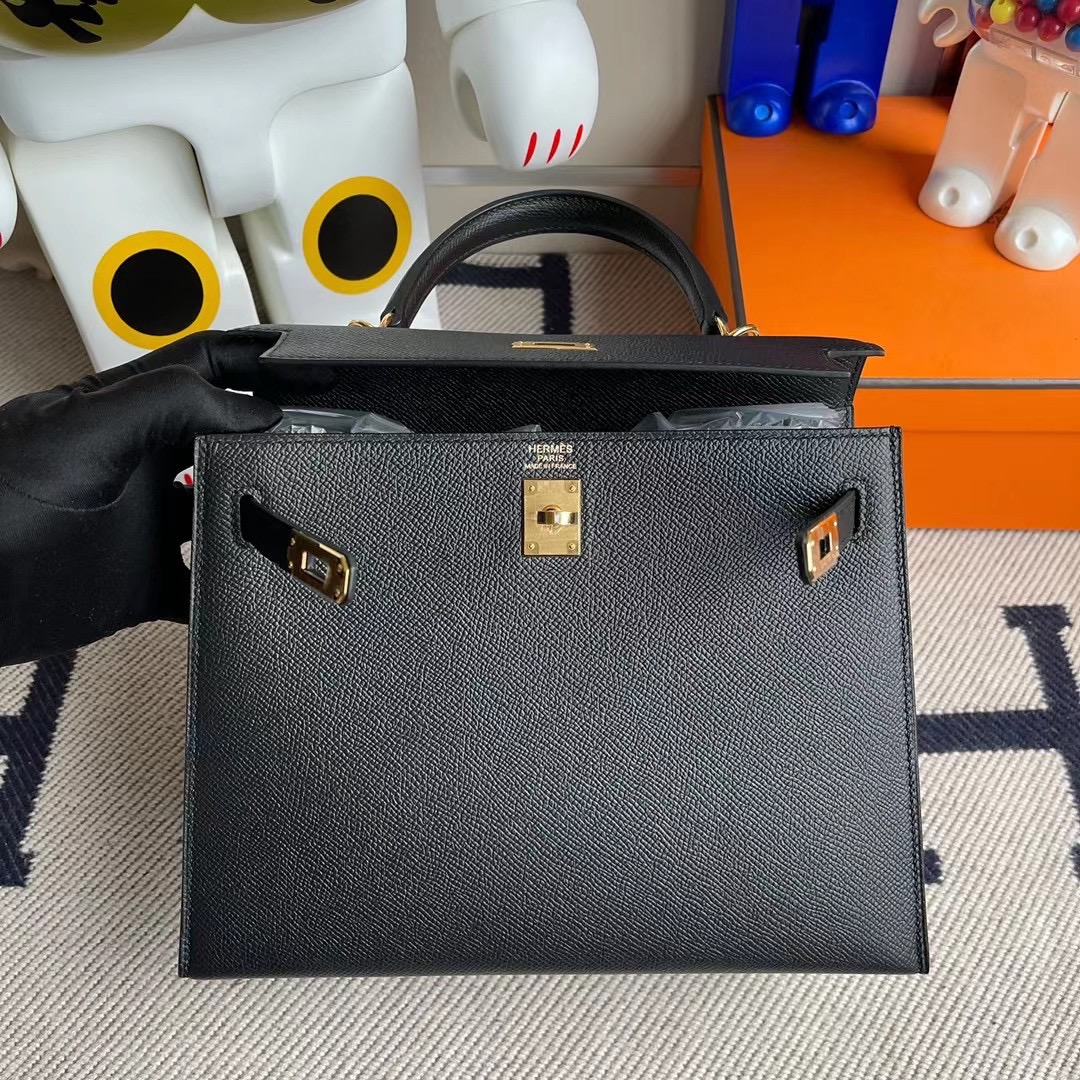 愛馬仕凱莉包25價格 Hermes Kelly 25cm 89 Noir 黑色 禦用原廠 Epsom 金扣