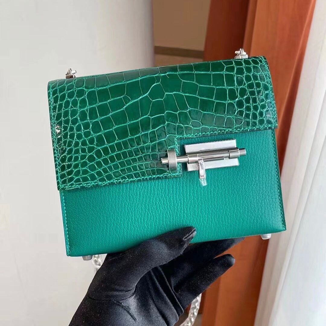 Hermes Verrou Mini 17.5cm Touch 6Q 翡翠綠 Vert Emeraude 銀扣 全手工蜜蠟線縫製