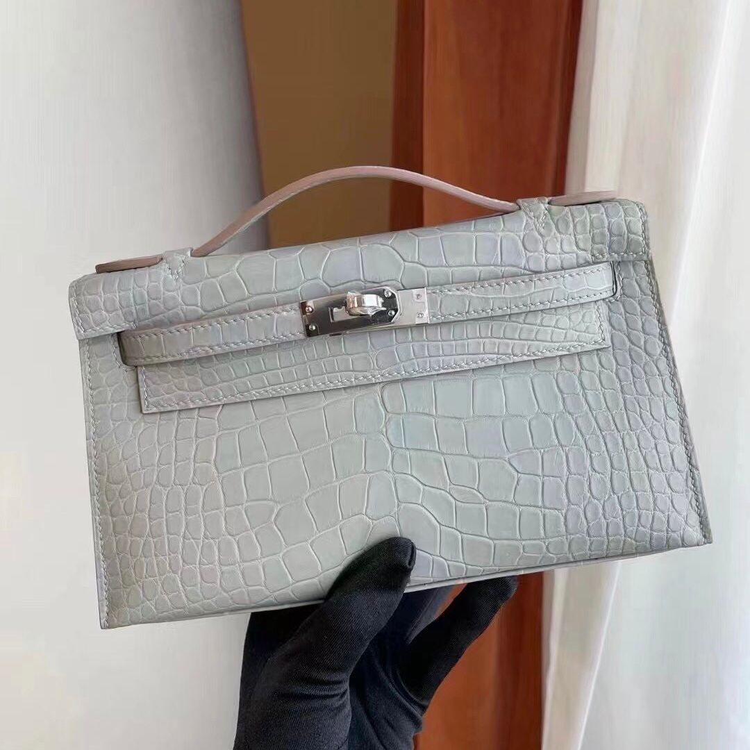 愛馬仕迷你凱莉包一代 Hermes MiniKelly Pochette 80 Gris Perle 珍珠灰美洲鱷魚