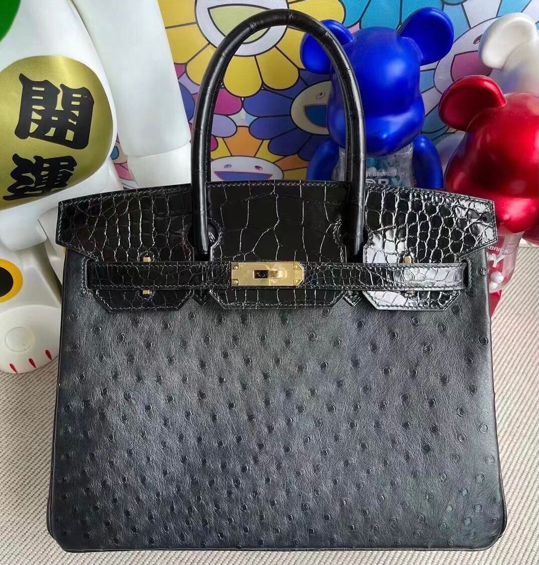 Hermes Birkin 30cm 89 Noir 黑色 Touch Ostrich 拼 亮面方塊 美洲鱷魚金扣