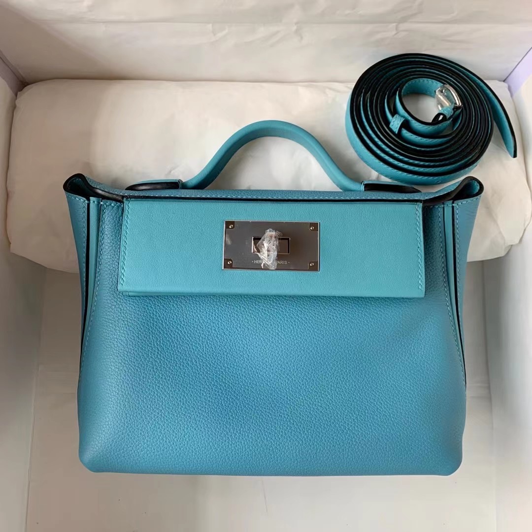 Hermes kelly 24/24 Mini Evercolor 拼 Swift P3 Blue de nord 北方藍 銀扣