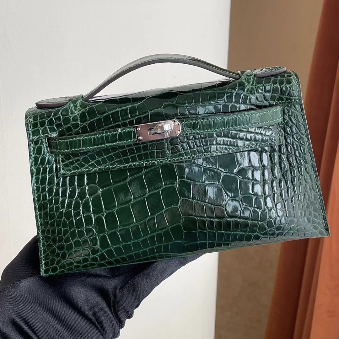 Hermes MiniKelly Pochette 67 Vert Fonce 祖母綠 亮面美洲鱷魚銀扣