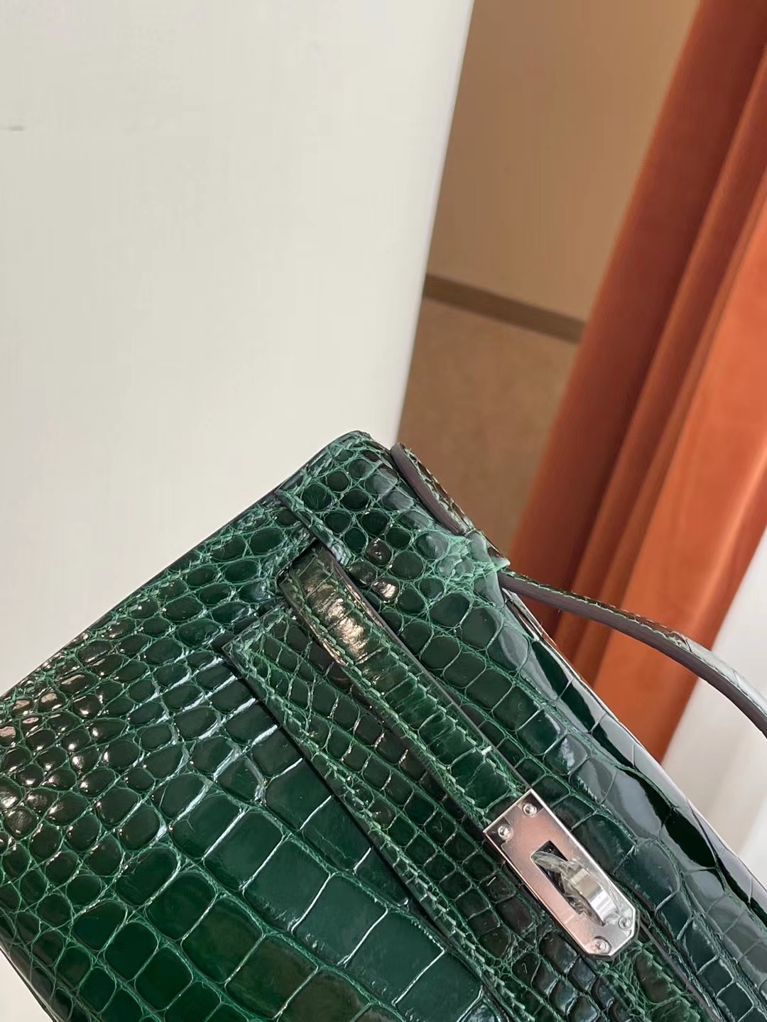 Hermes MiniKelly Pochette 67 Vert Fonce 祖母綠 亮面美洲鱷魚銀扣