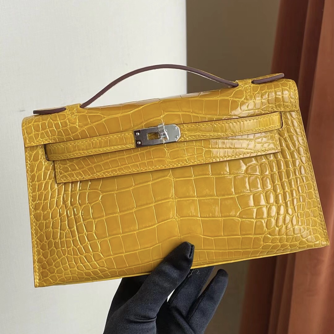 愛馬仕迷你凱莉多少錢 Hermes MiniKelly Pochette 9D Amber 琥珀黃美洲鱷魚