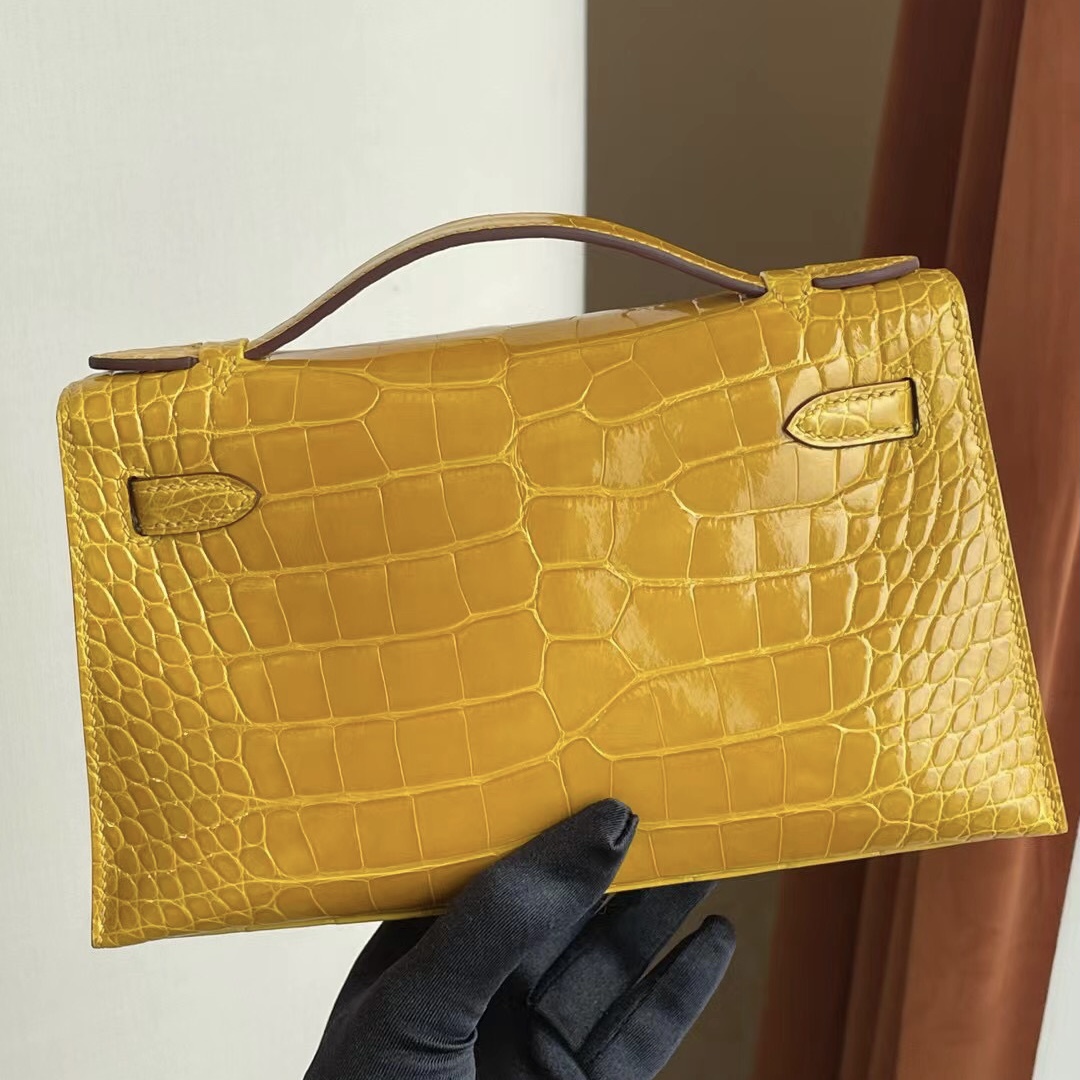 愛馬仕迷你凱莉多少錢 Hermes MiniKelly Pochette 9D Amber 琥珀黃美洲鱷魚