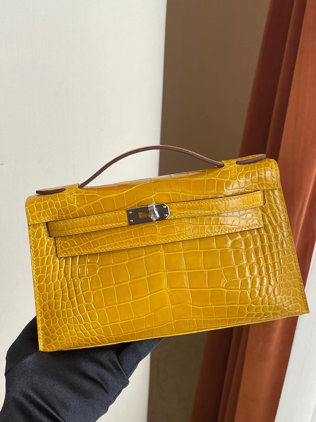 愛馬仕迷你凱莉多少錢 Hermes MiniKelly Pochette 9D Amber 琥珀黃美洲鱷魚