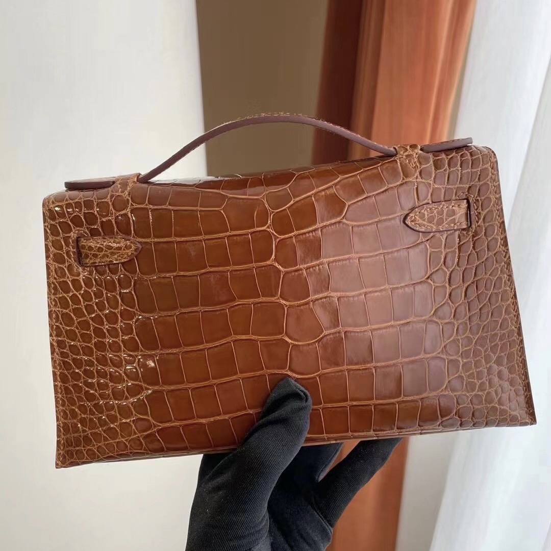 Hermes MiniKelly Pochette 31 Miel 蜜糖棕 亮面美洲鱷魚 金扣