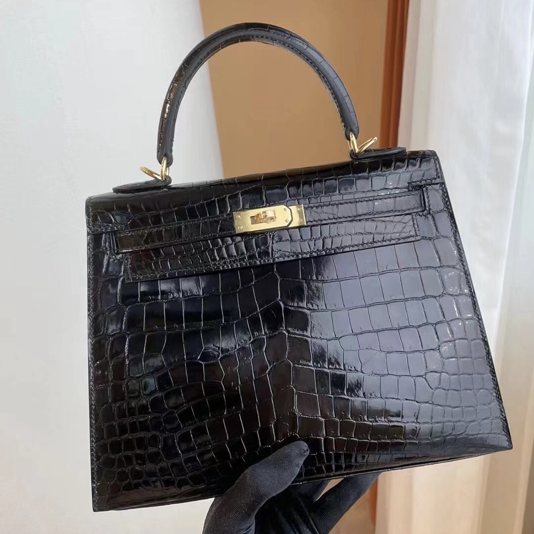 愛馬仕凱莉包多少錢 Hermes Kelly 25 89 Noir 黑色鱷魚 全手工蜜蠟線縫製