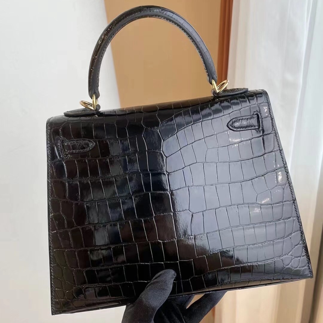 愛馬仕凱莉包多少錢 Hermes Kelly 25 89 Noir 黑色鱷魚 全手工蜜蠟線縫製