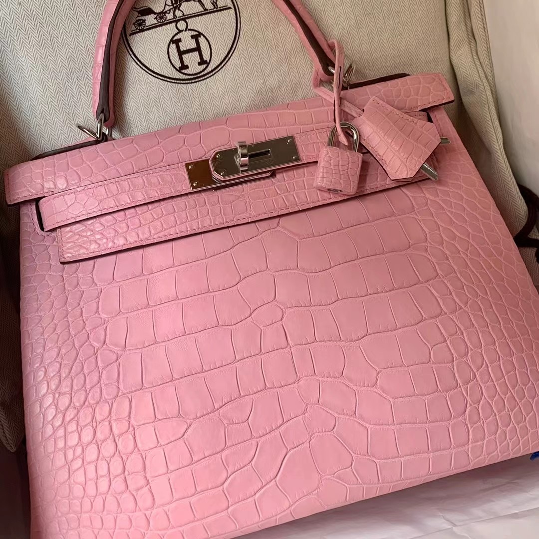 Hermes Kelly 28cm 3Q Rose Sakura 霧面美洲鱷魚 Matte Alligator Crocodile 銀扣