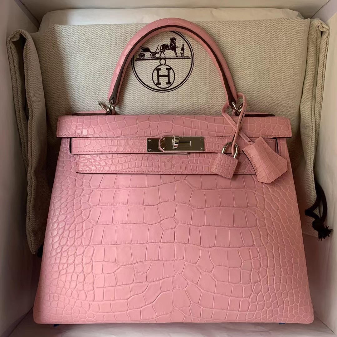 Hermes Kelly 28cm 3Q Rose Sakura 霧面美洲鱷魚 Matte Alligator Crocodile 銀扣