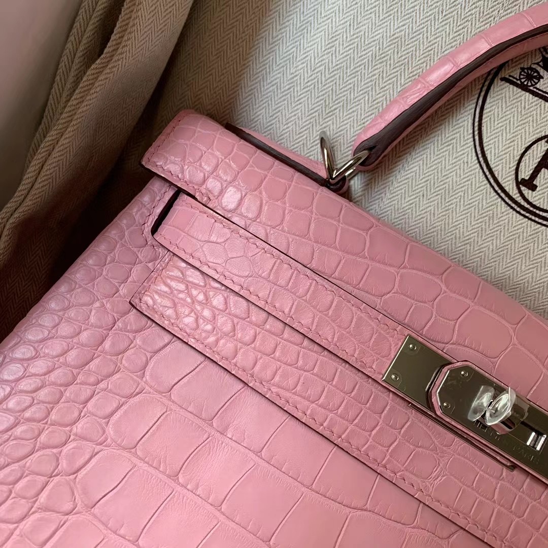 Hermes Kelly 28cm 3Q Rose Sakura 霧面美洲鱷魚 Matte Alligator Crocodile 銀扣