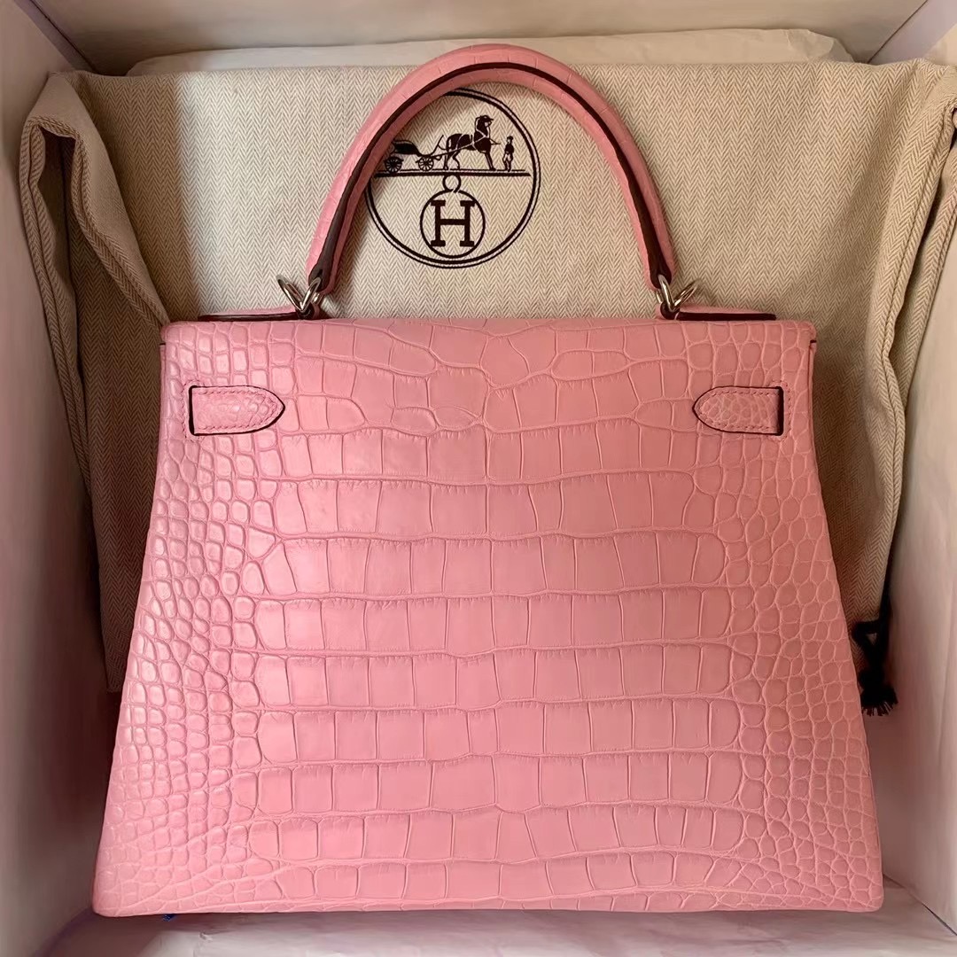 Hermes Kelly 28cm 3Q Rose Sakura 霧面美洲鱷魚 Matte Alligator Crocodile 銀扣