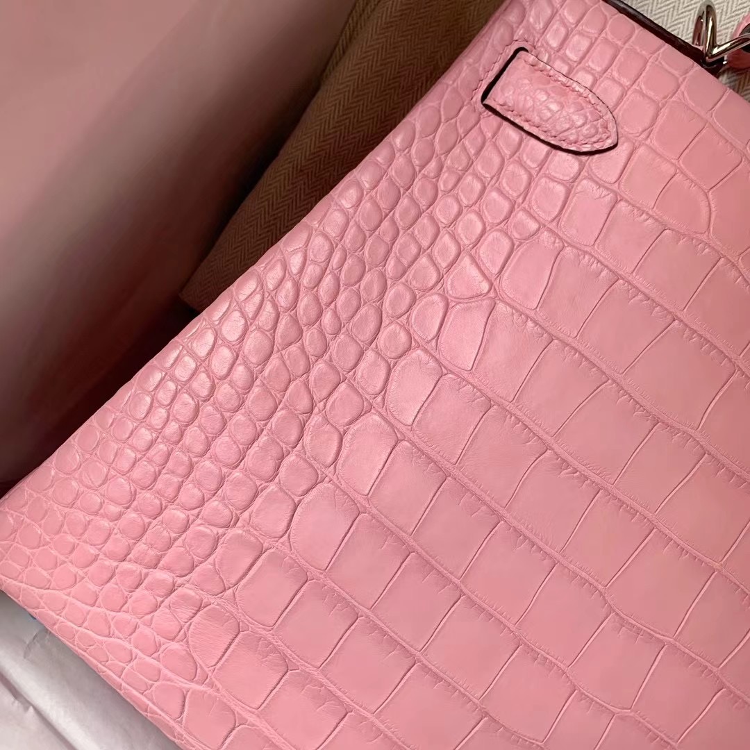 Hermes Kelly 28cm 3Q Rose Sakura 霧面美洲鱷魚 Matte Alligator Crocodile 銀扣