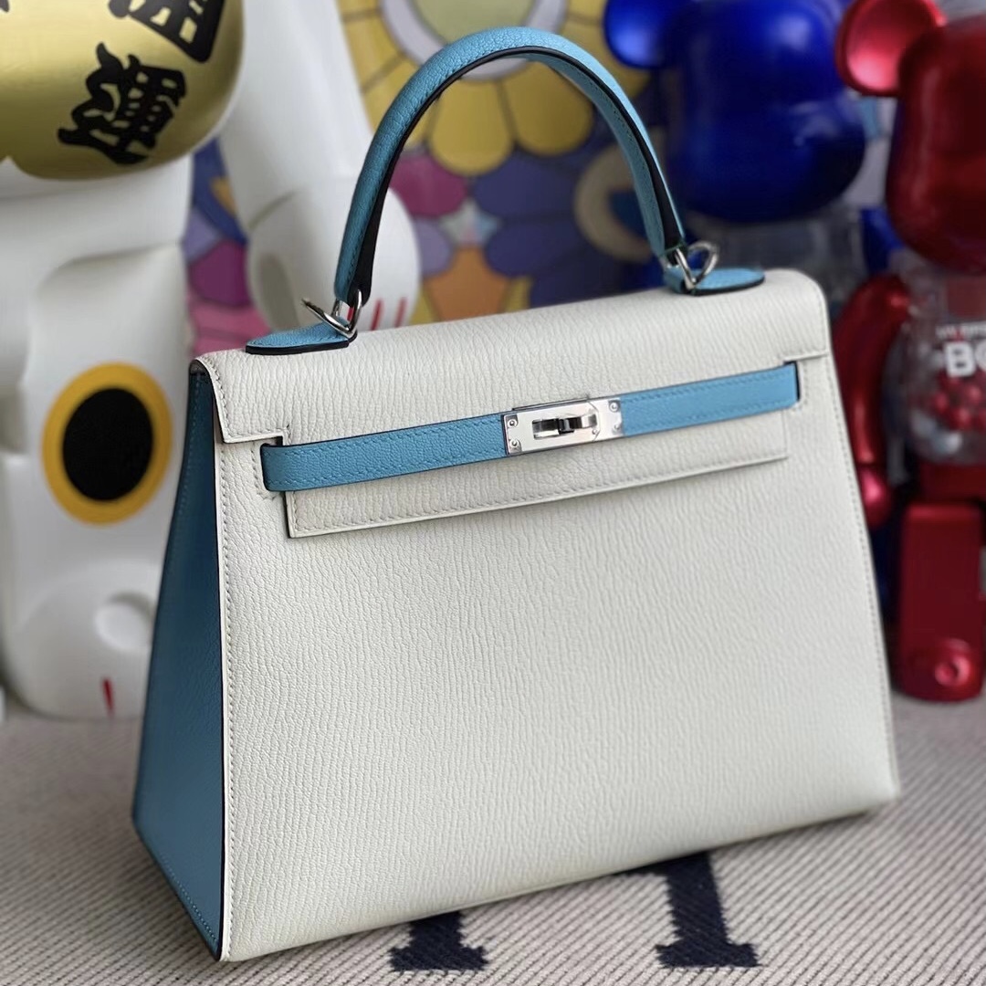 Hermes Kelly 25cm Chevre Mysore 山羊皮 01 Blanc 純白色/7N Céleste