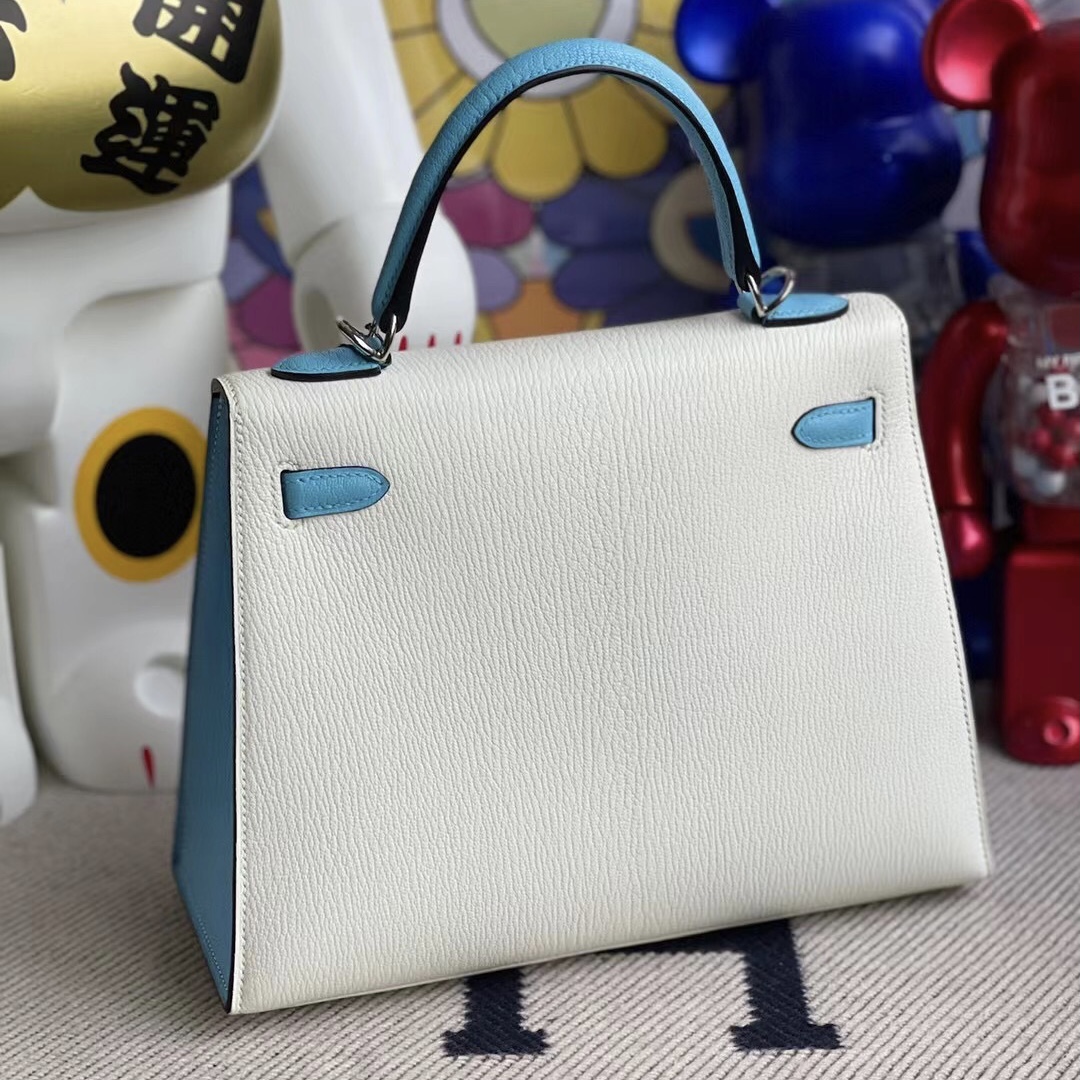 Hermes Kelly 25cm Chevre Mysore 山羊皮 01 Blanc 純白色/7N Céleste