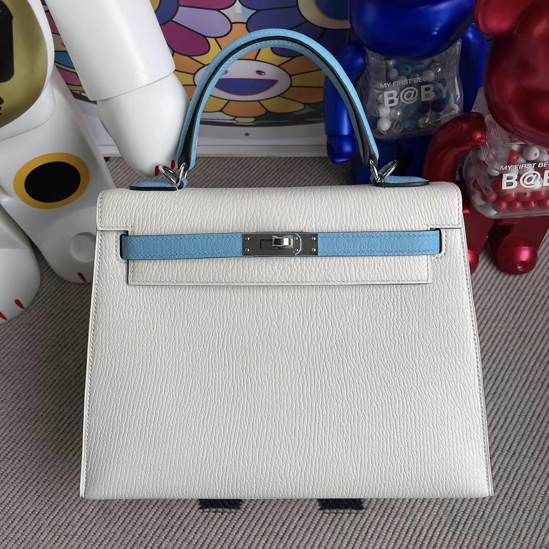 Hermes Kelly 25cm Chevre Mysore 山羊皮 01 Blanc 純白色/7N Céleste