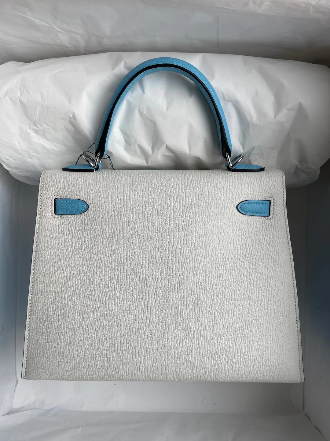 Hermes Kelly 25cm Chevre Mysore 山羊皮 01 Blanc 純白色/7N Céleste