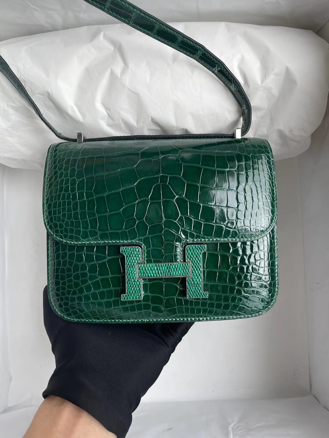 Hermes Constance 19 67 Vert Fonce 祖母綠 亮面美洲鱷魚 祖母綠蜥蜴扣