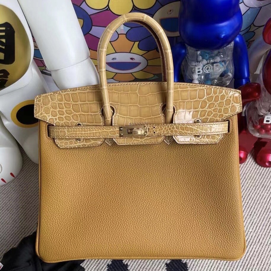 Hermes Birkin 25 Touch  2S sesame芝麻色拼14 Beige杏色亮面鱷魚