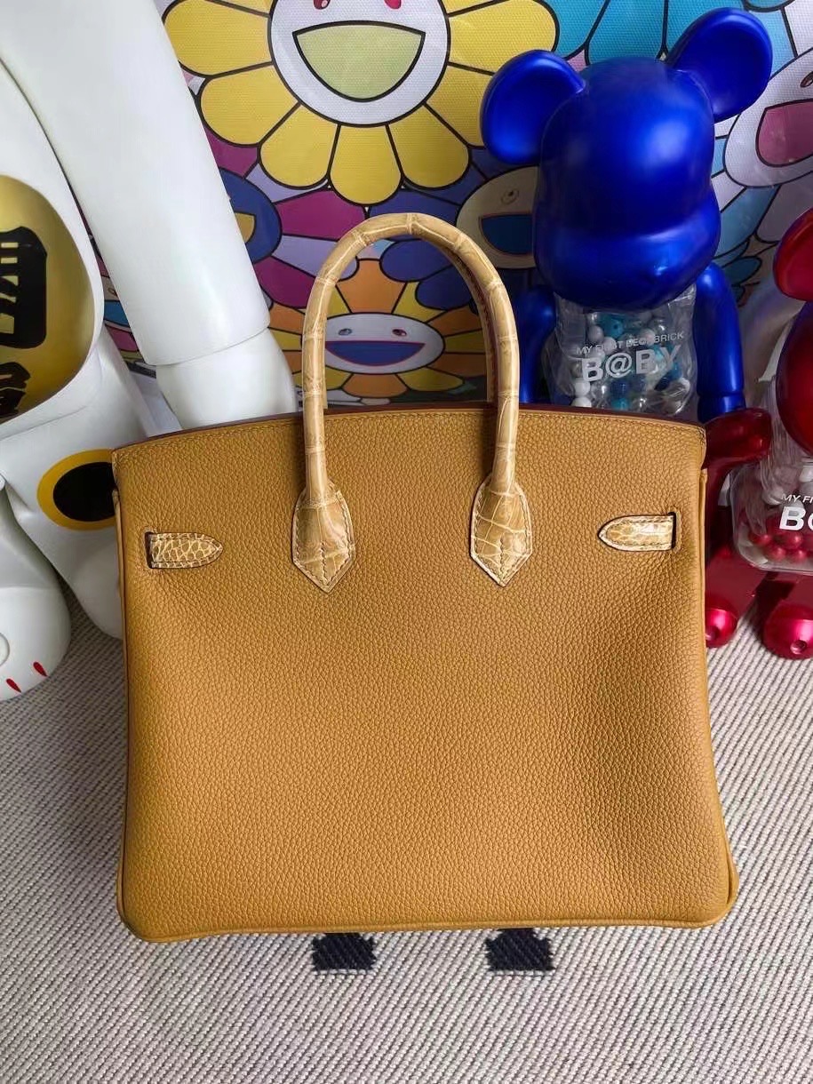 Hermes Birkin 25 Touch  2S sesame芝麻色拼14 Beige杏色亮面鱷魚