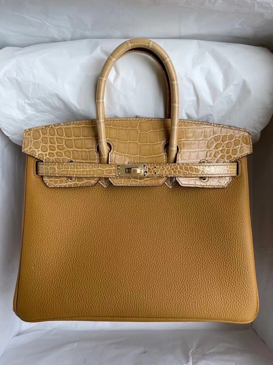 Hermes Birkin 25 Touch  2S sesame芝麻色拼14 Beige杏色亮面鱷魚