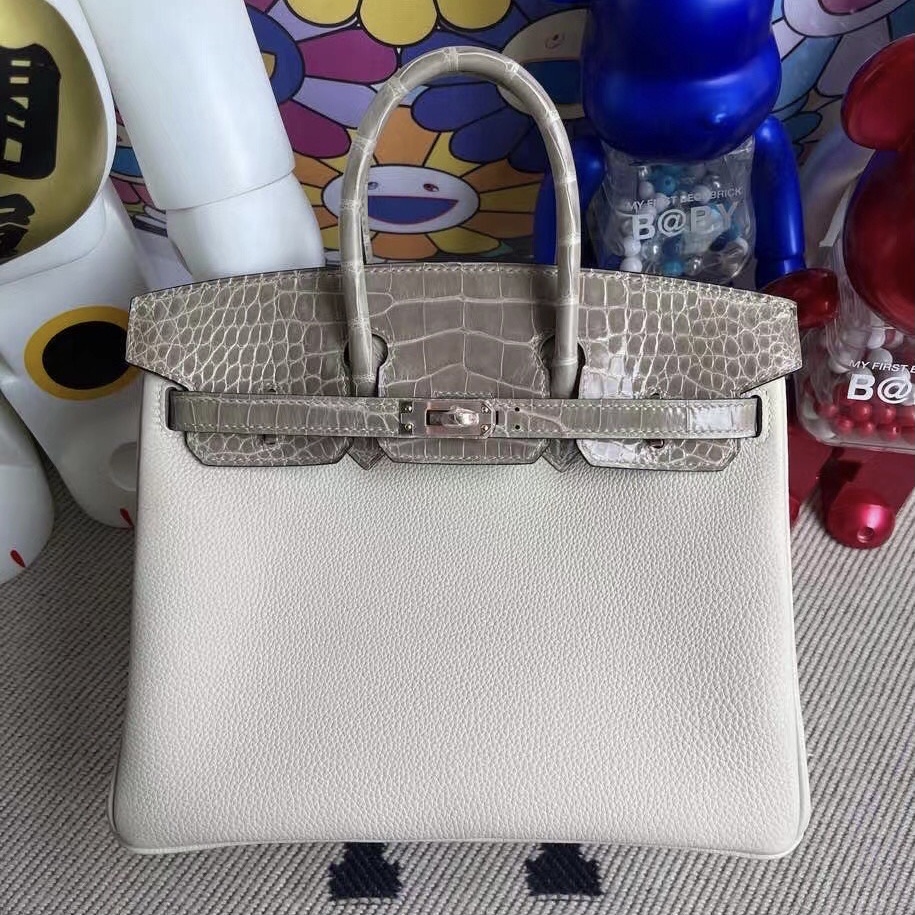 Hermes Birkin 25 Touch i2 nata 奶油白拼81 Gris Tourterelle 斑鳩灰鱷魚玫瑰金扣