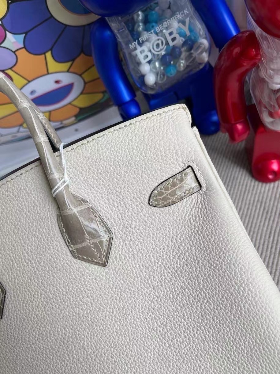 Hermes Birkin 25 Touch i2 nata 奶油白拼81 Gris Tourterelle 斑鳩灰鱷魚玫瑰金扣