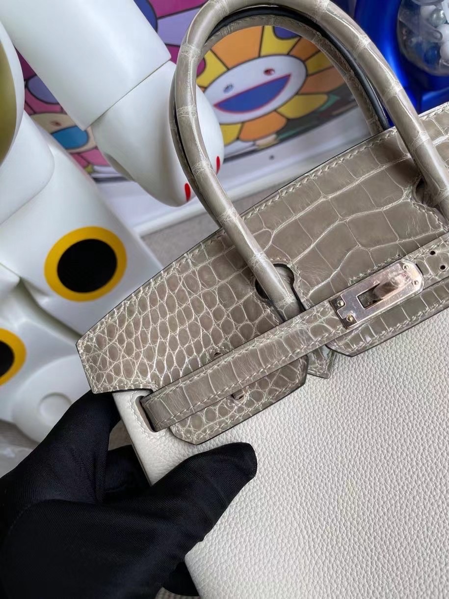 Hermes Birkin 25 Touch i2 nata 奶油白拼81 Gris Tourterelle 斑鳩灰鱷魚玫瑰金扣