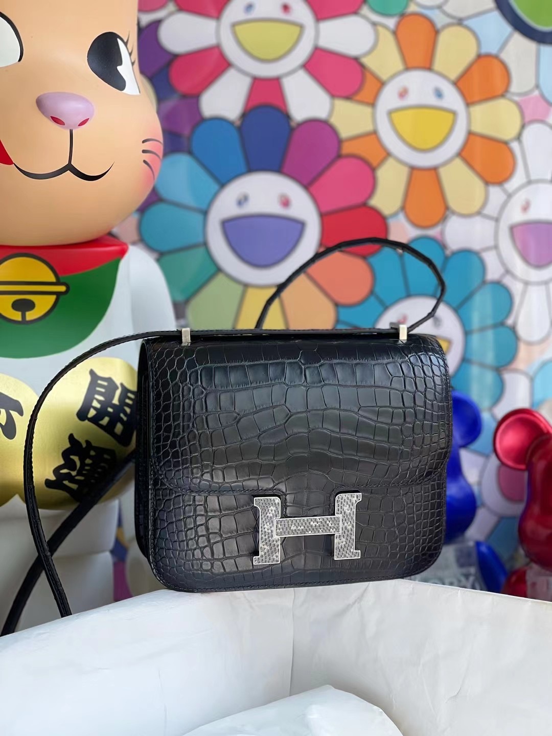 Hermes Constance 19cm 89 Noir 黑色 霧面方塊 美洲鱷魚配 自然色 蜥蜴扣