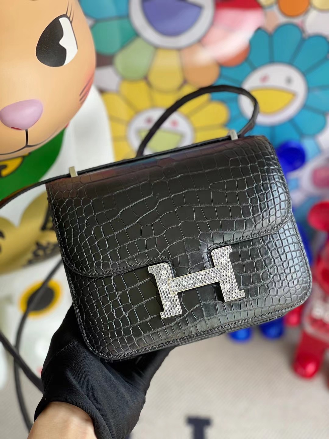 Hermes Constance 19cm 89 Noir 黑色 霧面方塊 美洲鱷魚配 自然色 蜥蜴扣