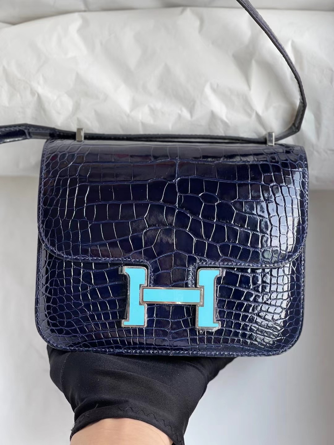 Hermes Constance 19 亮面美洲鱷魚73 Blue Sapphire 寶石藍 配 琺瑯扣